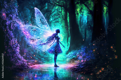 Fairy with transparent rainbow wings in an enchanted magical forest.