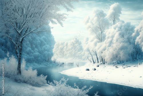 Beautiful magical winter wonderland landscape. Digital art 