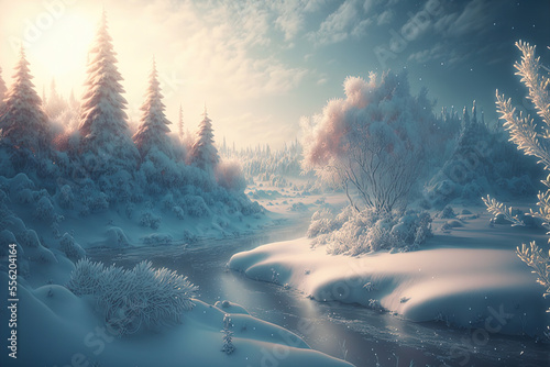 Beautiful magical winter wonderland landscape. Digital art 