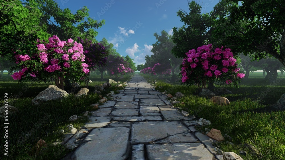 Park with stone path and flowering plants