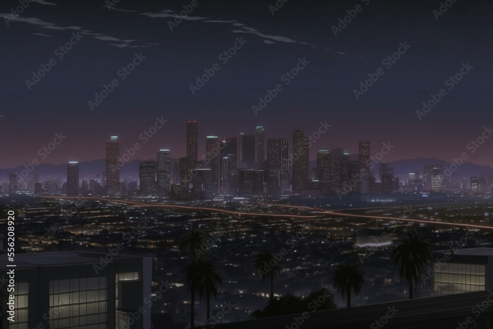 Downtown Los Angeles, Cityscape, Anime Background Art, Scenery, Illustration, Generative AI