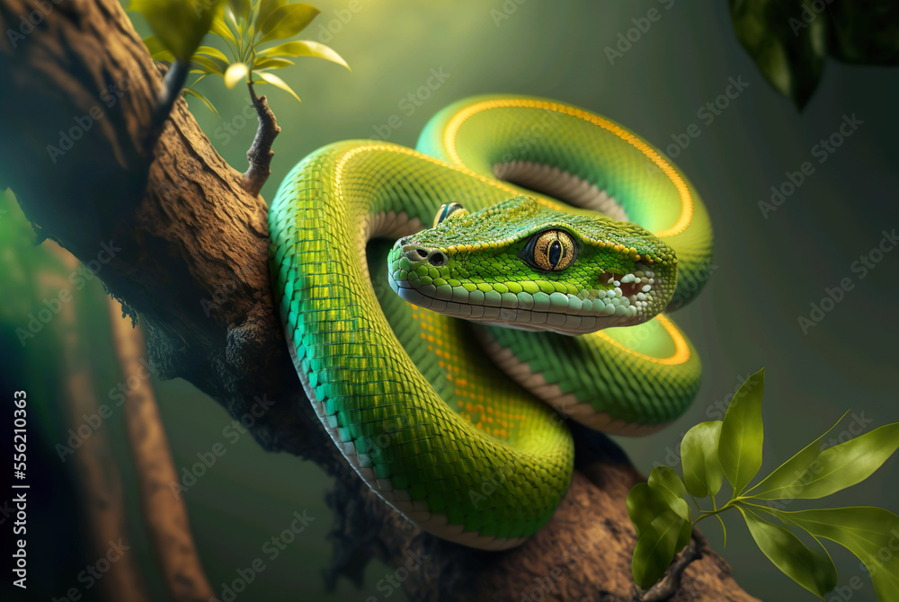 Green tree python coiling on a tree branch created by Generative AI ...