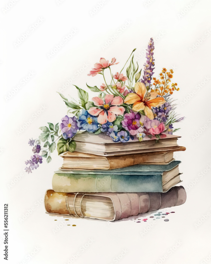 stack of books, watercolor with flowers on white background stack of books, watercolor with flowers on white background