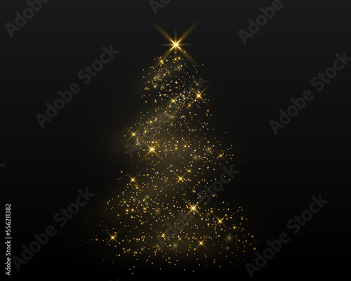 gold glitter christmas pine shape on dark background. happy new year and merry christmas decoration. golden light shiny tree. vector illustration bright design.