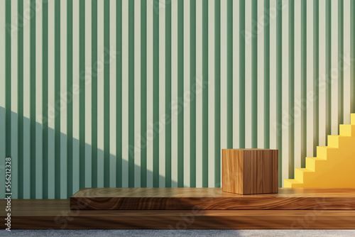 3D minimalist wood podium display exterior background