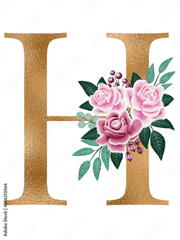 Floral alphabet, gold letter H with watercolor flowers and leaf Stock ...