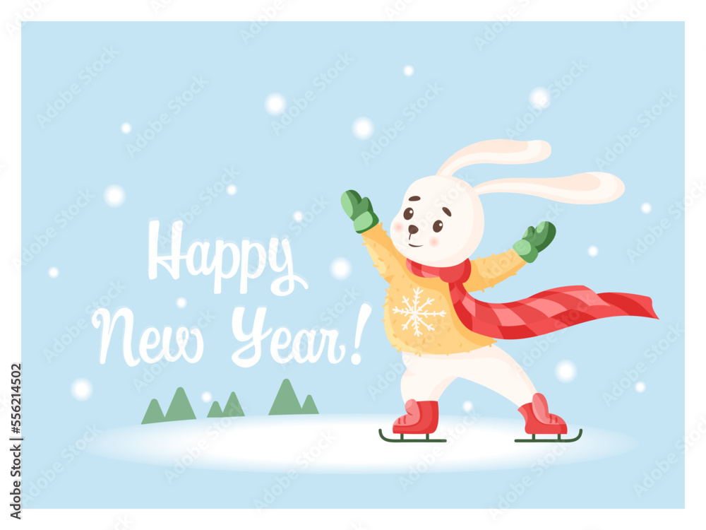 Happy New Year greeting card with rabbit skating in a sweater and scarf, with snowflakes on the background