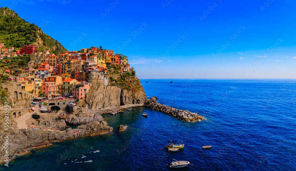 Traditional colorful houses and Mediterranean Sea, Manarola, Cinque Terre, Italy