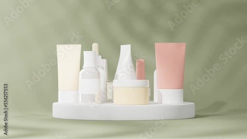 Cosmetics, skin and face care beauty products on a rotating podium. 3d rendering of bottles and jars on a stand in green tropical background