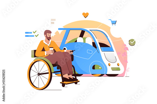Disabled man in wheelchair near car