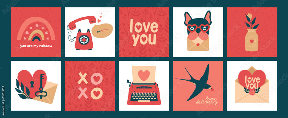 Set of creative square valentines.Greeting romantic card with illustration of typewriter, phone, swallow, dog, lettering, love letter, heart, flower.Cute modern clip arts for Valentine's Day banners.