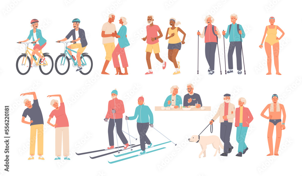 Set of elderly people engaged in outdoor activities. Seniors ride bicycles, dance, run, hike, walk, eat, skiing. Vector illustration - obrazy, fototapety, plakaty 