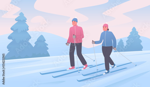 Happy man and woman cross country skiing. Active winter outdoor recreation. Vector illustration