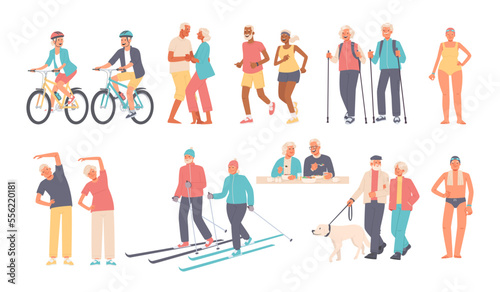 Set of elderly people engaged in outdoor activities. Seniors ride bicycles, dance, run, hike, walk, eat, skiing. Vector illustration