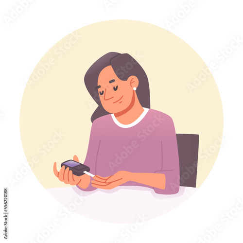 Control of diabetes. The girl measures the level of sugar in the blood using a digital glucometer. Vector illustration