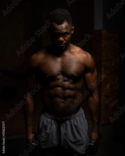 Muscular dark-skinned man doing an exercise with dumbbells. 