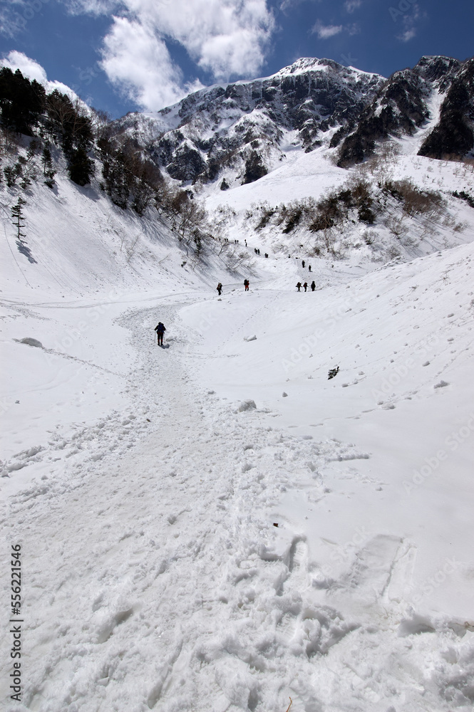 Mountain trail to Karasawa Cirque in winter