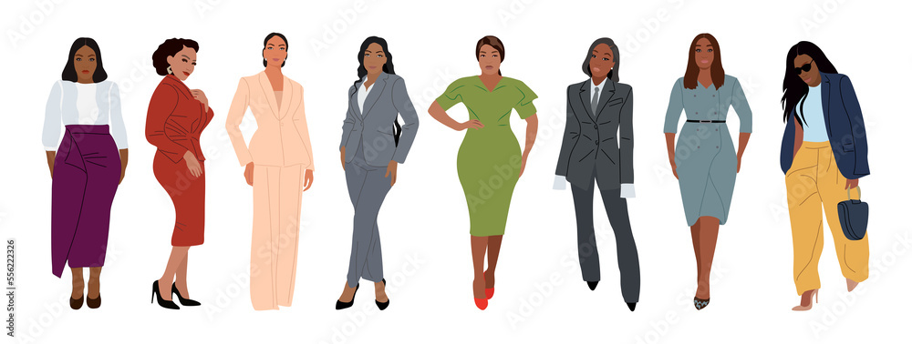 Ilustrace „Modern black women set. African American girls standing in  fashion casual, formal office outfits - suit, dress, skirt. Stylish ladies  in business look. Flat illustration on transparent background. PNG“ ze  služby
