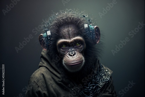 Affe Schimpanse mit Technik verbunden, AI generativ