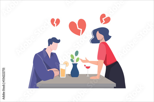 Concept of divorce, misunderstanding in family. Angry man and offended woman standing separately from each other. Relationship break up, crisis. Vector illustration in flat cartoon style.