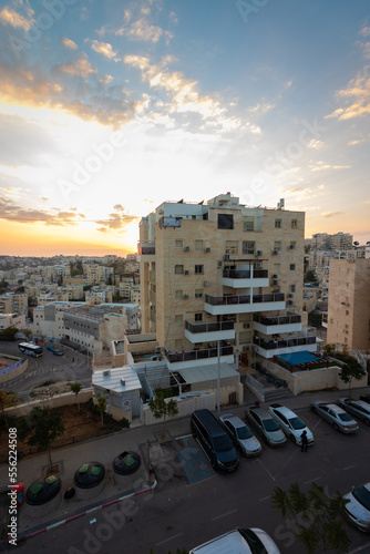 modiin ilit - israel. 22-12-2022. A view from above of buildings inside a residential neighborhood in Kiryat Safar. Israel. Sunset background photo