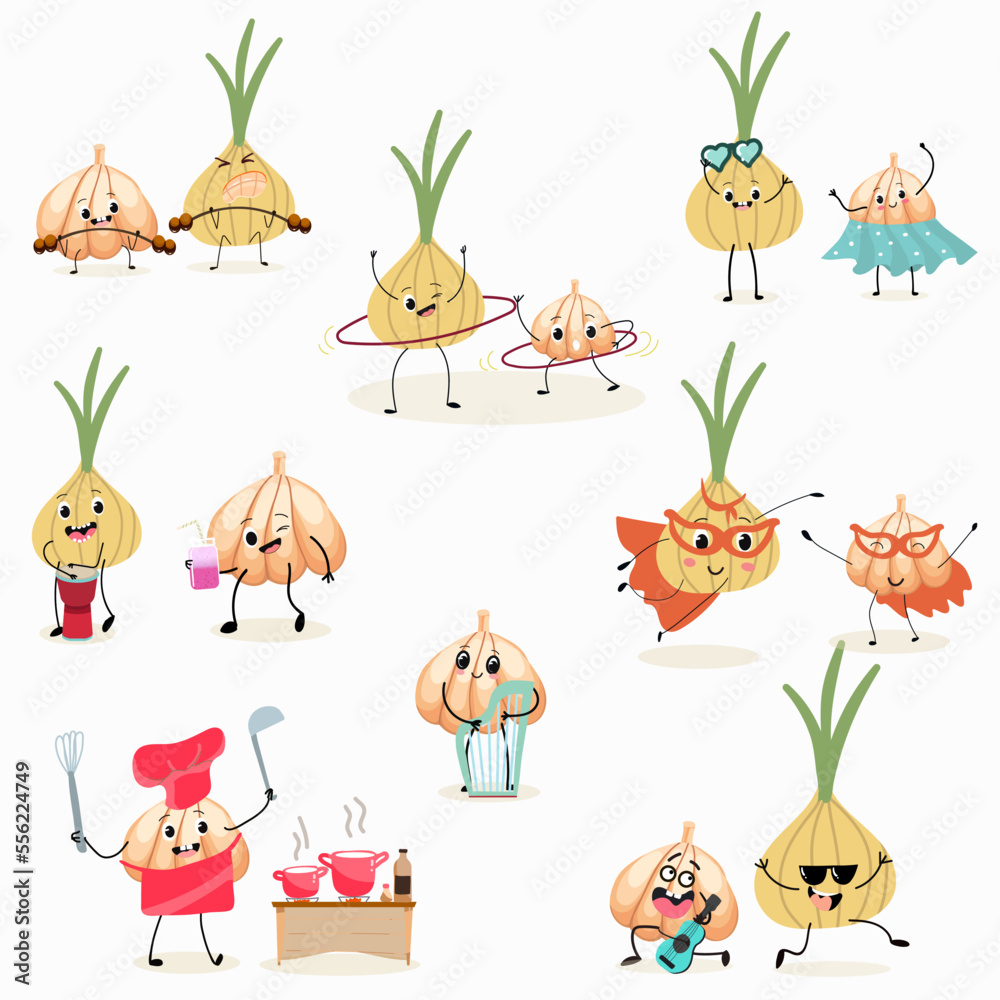 Naklejka premium Illustration with funny onion and garlic set, collection of characters. Funny and healthy food. Vitamins, Food with a cute face, ingredients, antioxidant, vegetarianism, Vector cartoon. 