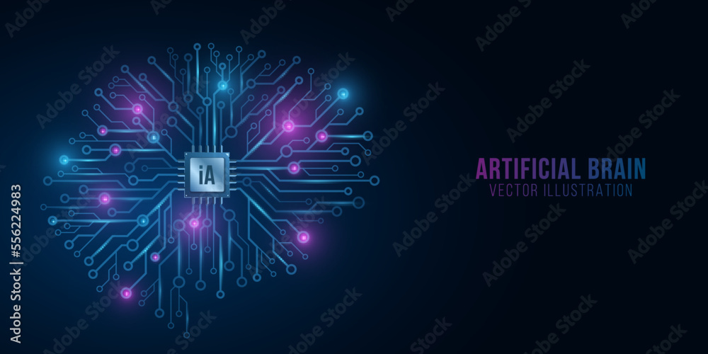 Glowing cyber brain with cpu for neural networks design. Artificial intelligence. Glowing gpu circuit board. Vector illustration