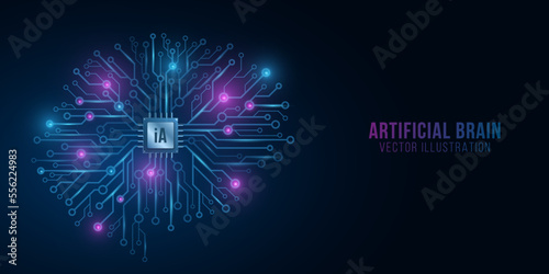 Glowing cyber brain with cpu for neural networks design. Artificial intelligence. Glowing gpu circuit board. Vector illustration