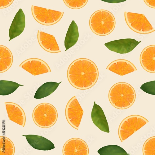 Seamless pattern with orange slices and leaves on a light background, digital drawing.