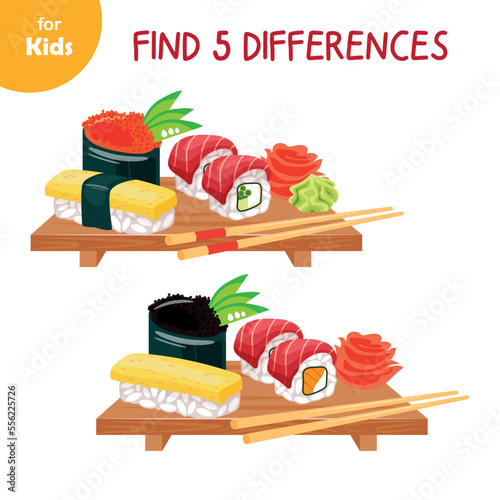 Asian food. Find 5 differences. Mini game for children. Japanese traditional food. Sushi set