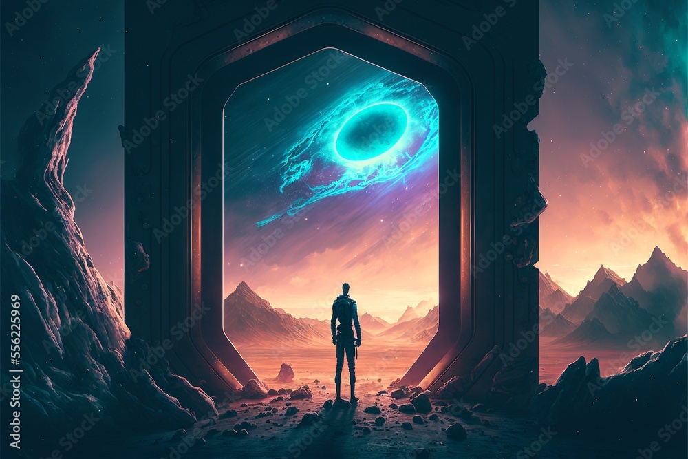 Fototapeta premium Portal in andere Zeit und Welt, Mann steht am Tor AI generativ