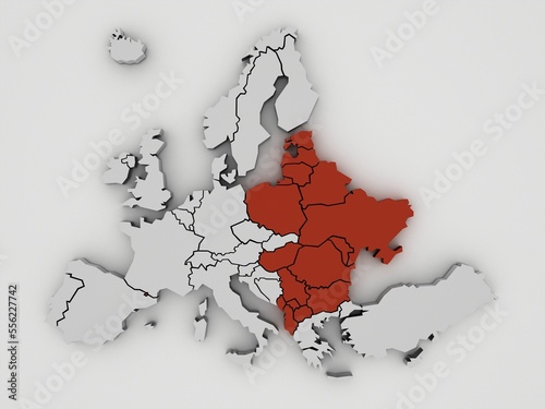 3D rendered map of Europe with bright colors focused on East