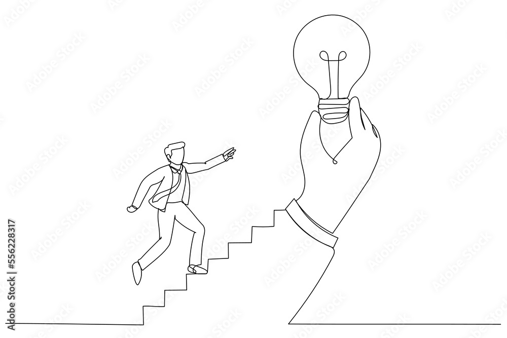 Drawing of businessman step on stair of big hand holding inspiring bright lightbulb. Inspiration idea. Continuous line art style Drawing of businessman step on stair of big hand holding inspiring bright lightbulb. Inspiration idea. Continuous line art style