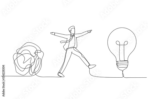 Cartoon of smart businessman walking away from mess chaos line to simple lightbulb idea. Simplify idea. One line style art