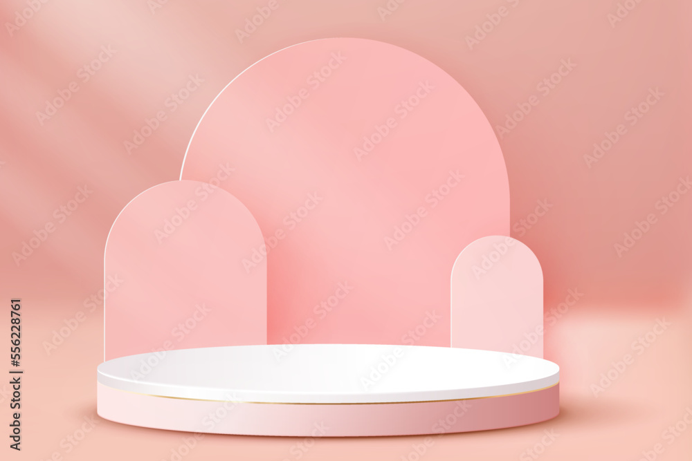 Luxury Pink Pastel Podium. Abstract scene background. Product presentation, mock up, show cosmetic product, Blank Podium, stage pedestal or platform. 3D Vector. Luxury Pink Pastel Podium. Abstract scene background. Product presentation, mock up, show cosmetic product, Blank Podium, stage pedestal or platform. 3D Vector.