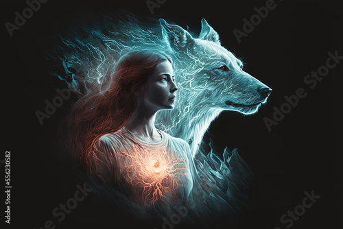 Fantasy woman with her wolf spirit guide - Created with generative AI technology