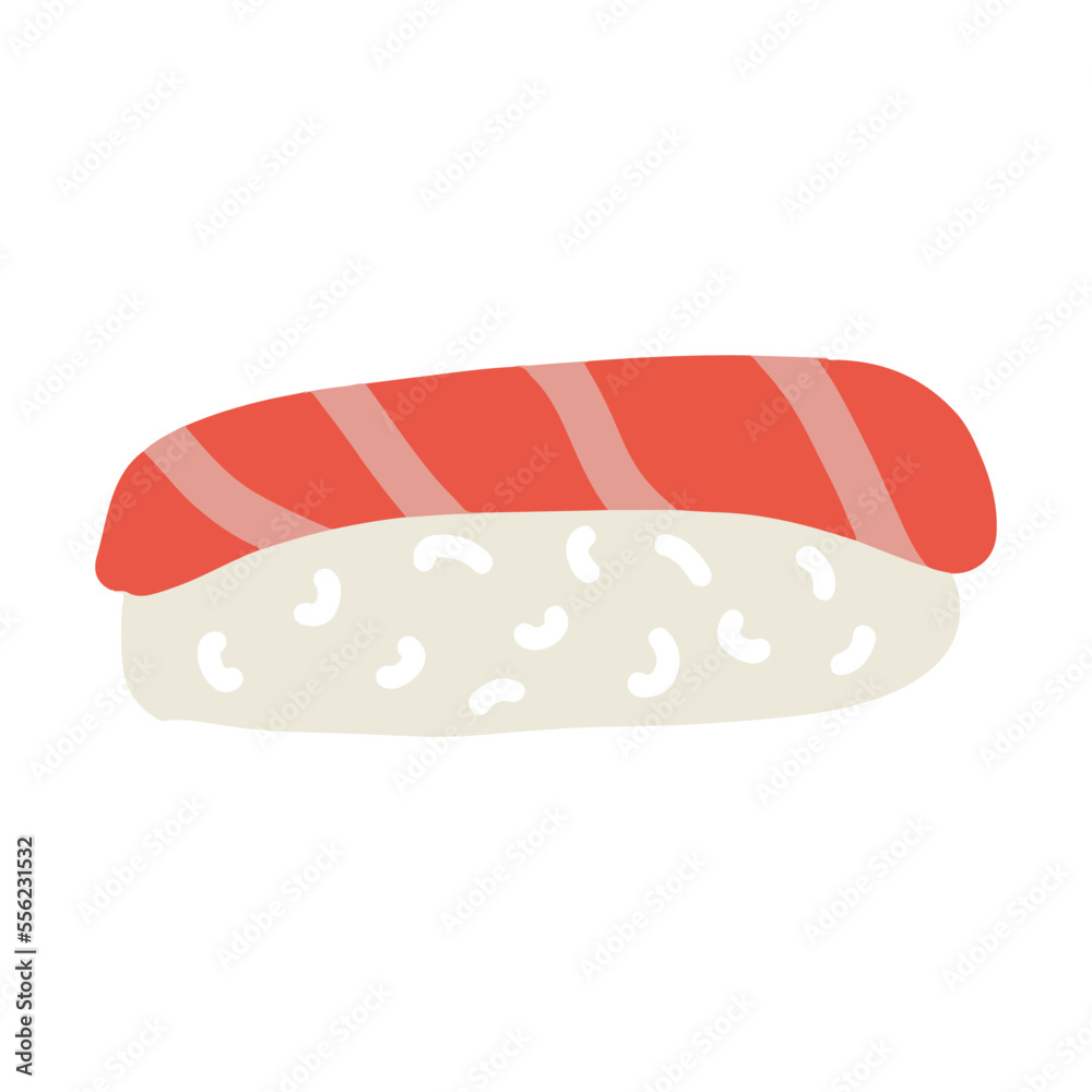 Sushi roll with rise and salmon vector illustration. Cute hand drawn cartoon illustration for asian food menu, stickers, wall art, restaurant logo Sushi roll with rise and salmon vector illustration. Cute hand drawn cartoon illustration for asian food menu, stickers, wall art, restaurant logo