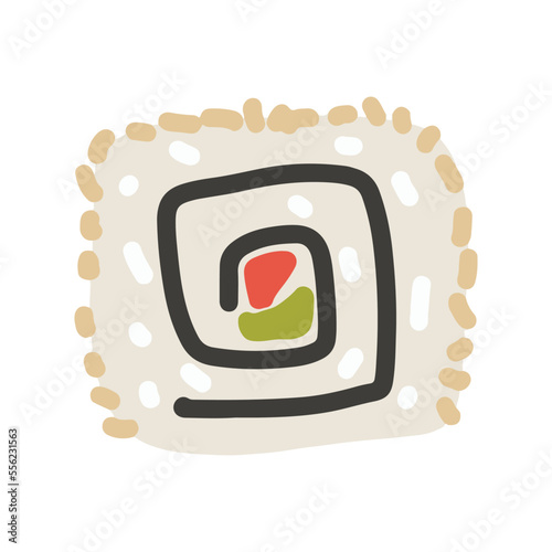 Sushi roll with sesame seeds, nori, avocado, salmon vector illustration. Cute hand drawn cartoon illustration for asian food menu, stickers, wall art, restaurant logo