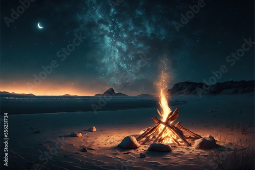  a campfire in the middle of a desert at night with a crescent in the sky above it and a distant mountain range in the distance. Generative AI
