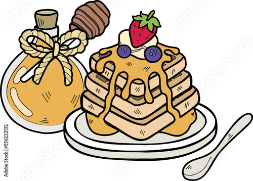 Hand Drawn Honey waffles with strawberries illustration