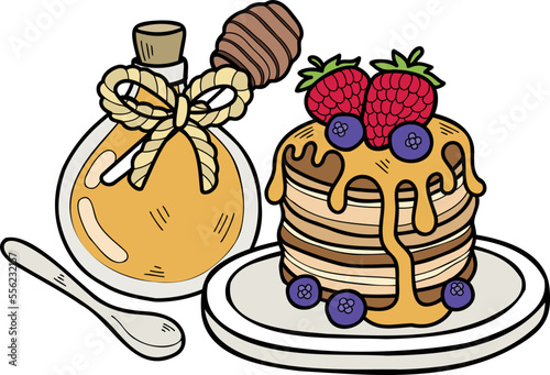 Hand Drawn Pancakes with honey and strawberries illustration