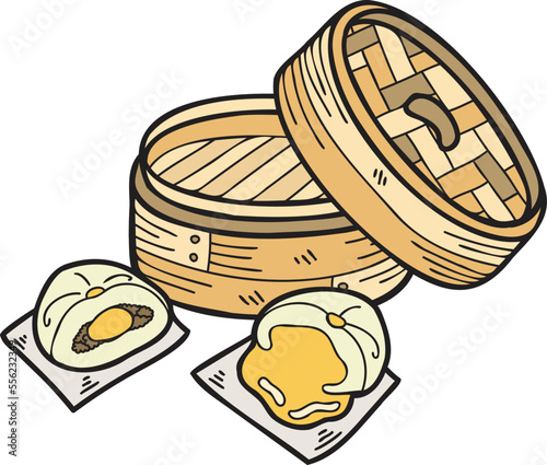 Hand Drawn steamed bun with bamboo tray Chinese and Japanese food illustration