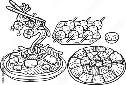 Hand Drawn Noodles and Meatballs Chinese and Japanese food illustration
