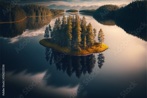  a small island in the middle of a lake surrounded by trees and mountains in the distance is a forest. Generative AI