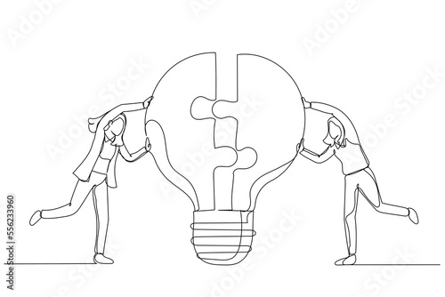 Illustration of businesswoman team members partner connect lightbulb jigsaw puzzle together. Teamwork or partnership. One line art style