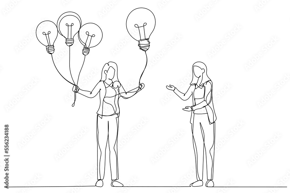 Cartoon of businesswoman giving lightbulb idea to young employee. Mentor give an advice. Single line art style