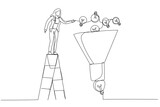 Drawing of businesswoman help put small lightbulb in funnel to get final idea. Idea funnel. One line art style