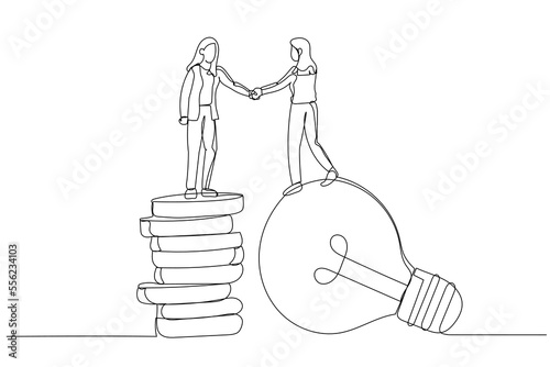 Cartoon of businesswoman standing on lightbulb idea lamp shaking hands. Idea pitching. Continuous line art