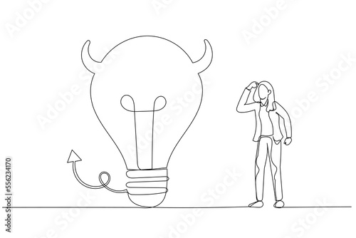 Cartoon of businesswoman looking at devil lightbulb doubting it bad idea. Stupid mistake or poor idea. Single line art style