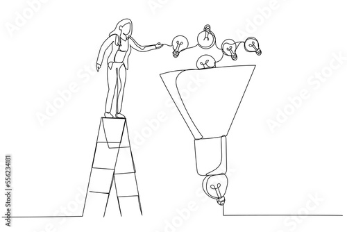 Drawing of businesswoman help put small lightbulb in funnel to get final idea. Idea funnel. One line art style photo